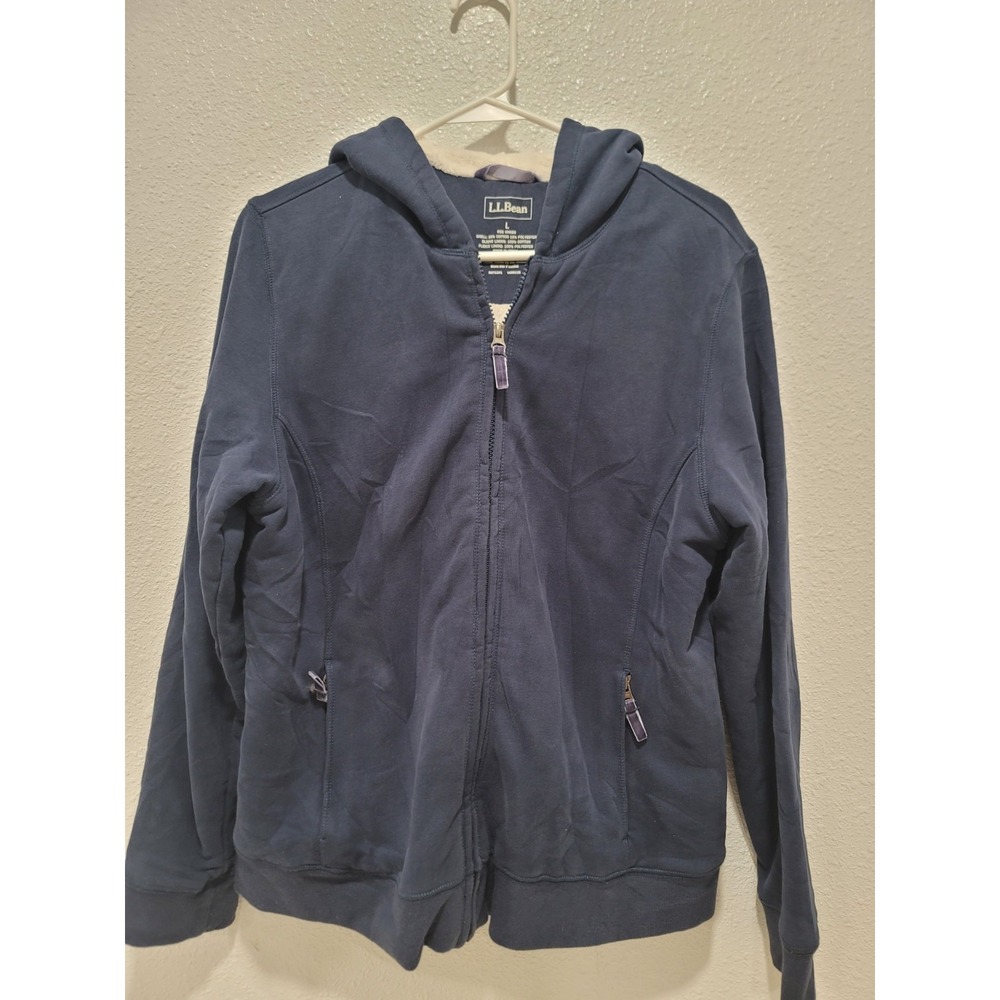 LL Bean zip up sweatshirt fleece lining cotton shell outside blue Large soft